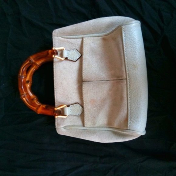 Gucci Handbags - Rare Gucci bamboo handle suede mini bag gold tone